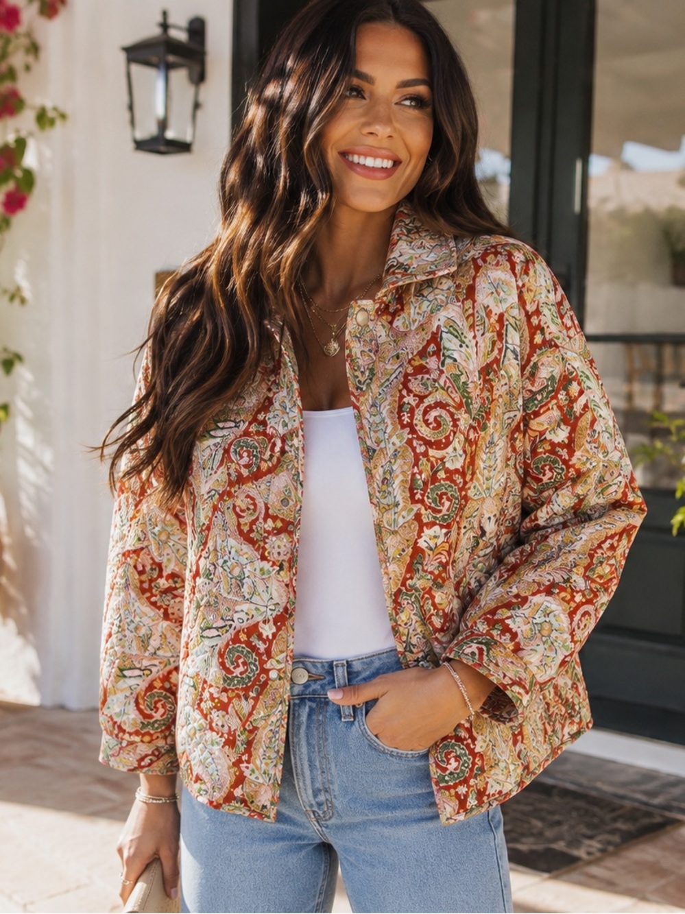 MELLODAY Quilted Paisley Floral Boho Shacket Jacket Rust Size Small
